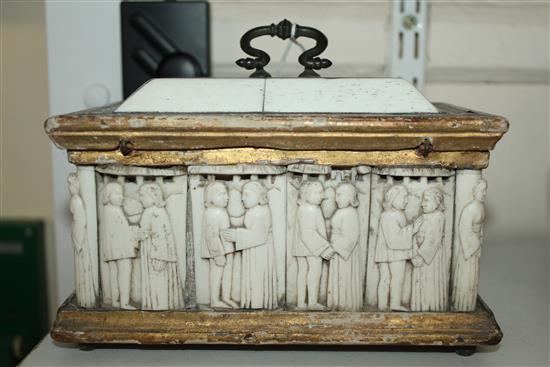 A Venetian bone and intarsia inlaid casket, 15th century, length 7.5in., height 6.25in. with handle, possible later alterations